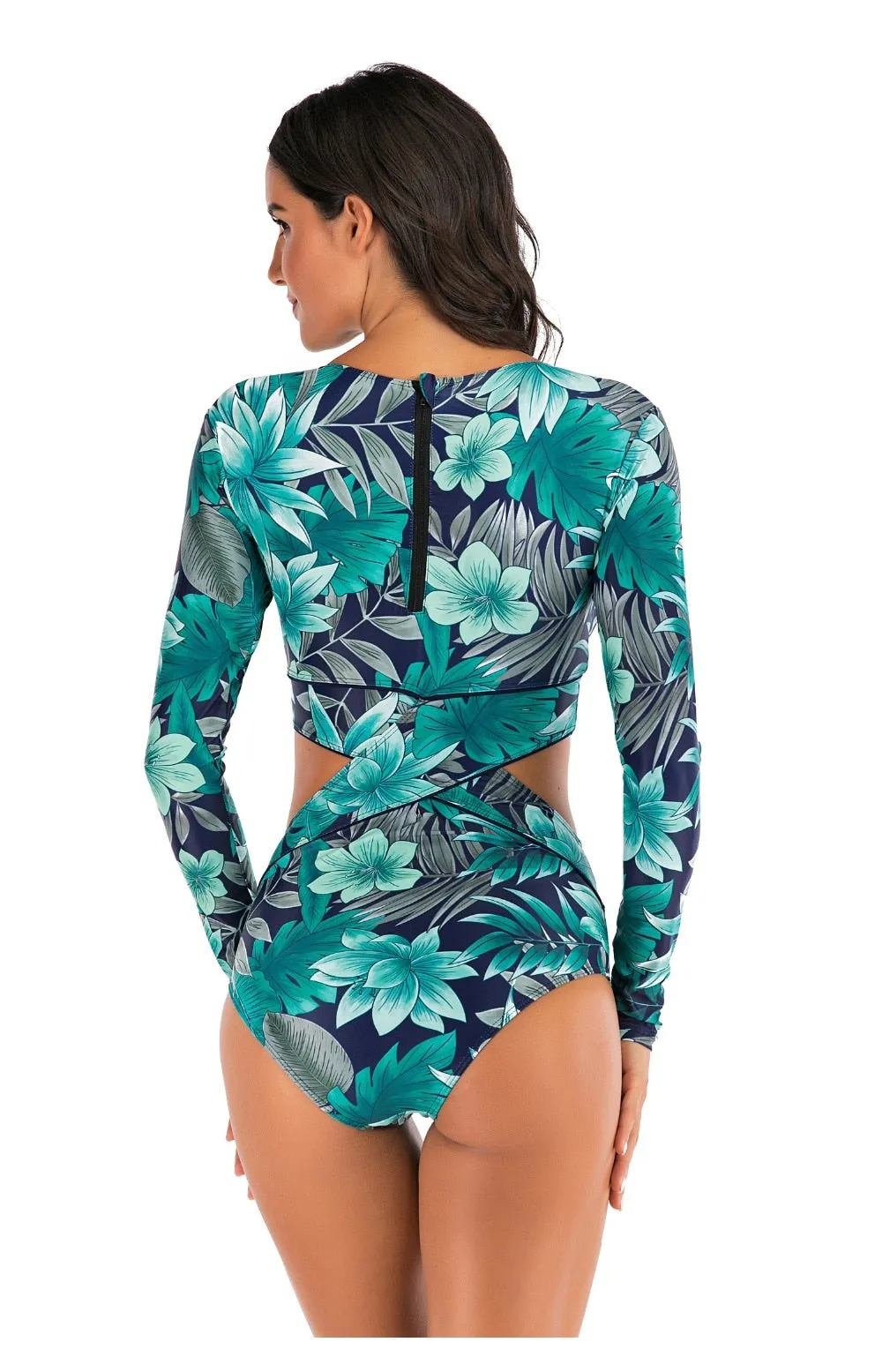 Women Rashguard Long Sleeve: Turquoise Flowers
