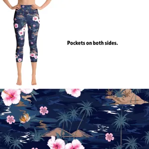 Women's Tropical Flower Printed Capri Leggings with Pockets