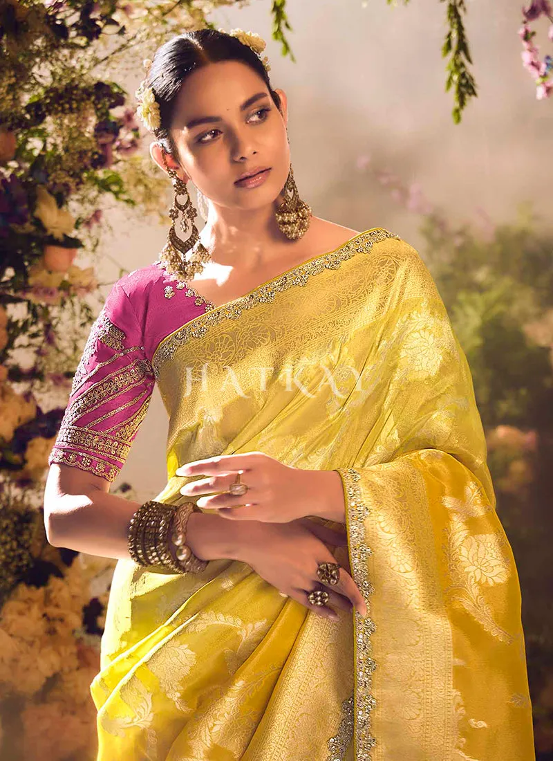 Yellow And Magenta Embroidery Banarasi Saree