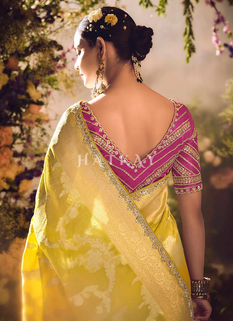 Yellow And Magenta Embroidery Banarasi Saree