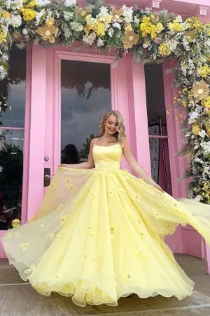 Yellow Satin Tulle Ball Gown Spaghetti Straps 3D Flowers Prom Dresses, MP673